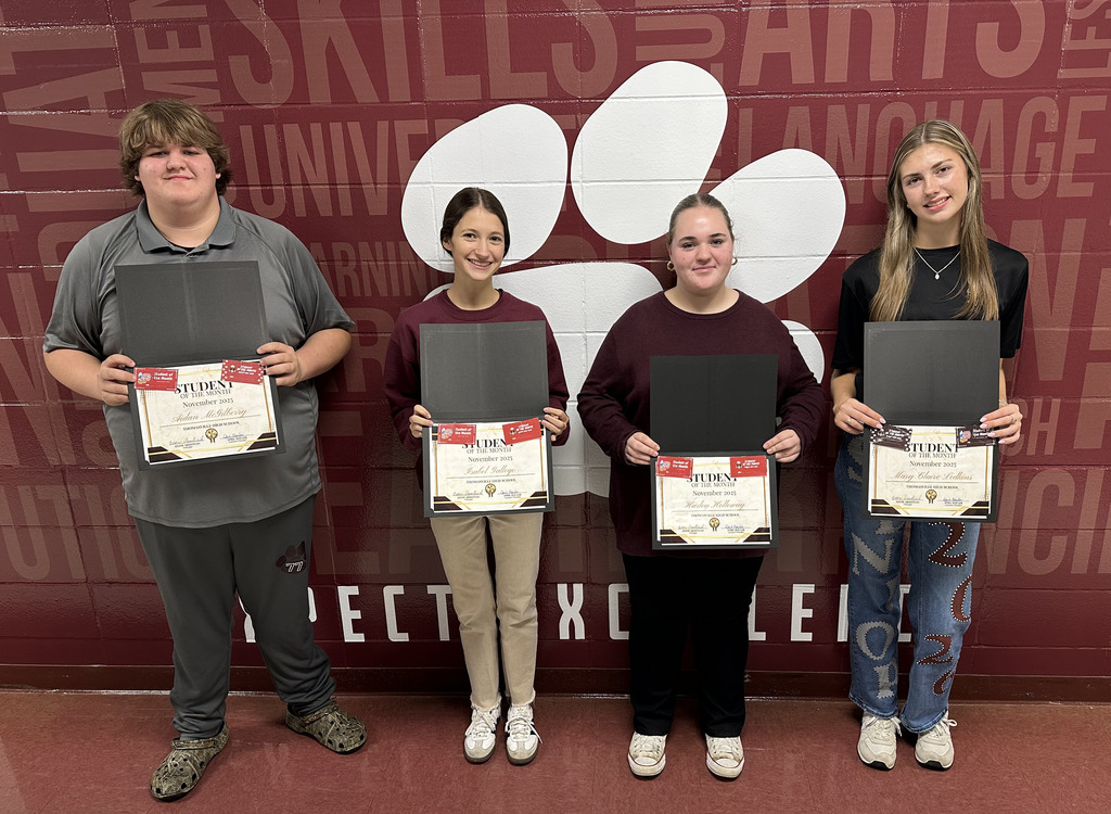 "Students of the Month" for November 2025 has been announced at Thomasville High School: Aidan McGilberry, Ninth Grade; Isabel Gallego, 10th Grade; Harley Holloway, 11th Grade; and Mary Claire Ledkins, 12th Grade.