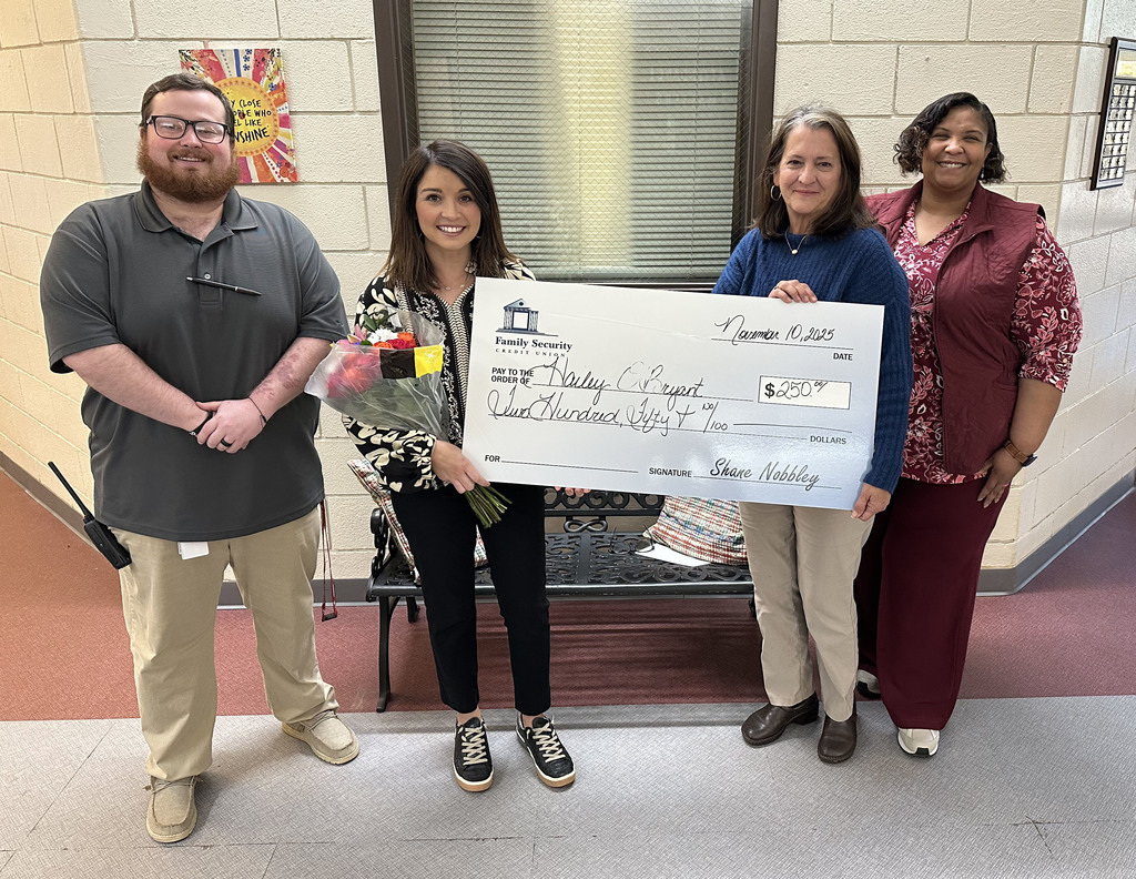 Hailey O'Bryant (second from left), kindergarten teacher at Thomasville Elementary School, has been awarded the CU Cares in the Classroom grant from Family Security Credit Union. This is a $250 grant program designed to support Alabama teachers in funding classroom supplies and needs. O'Bryant will use this grant to fund a listening center in her classroom. Pictured are John Sheffield, TES Assistant Principal; O'Bryant; Tammy Lyons, Director of Community and Public Relations for South Alabama at Family Security Credit Union; and Melissa Washington, TES Principal.