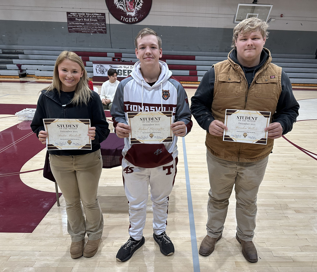 "Students of the Month" for December 2025 at Thomasville High School include Austin Marshall, 11th Grade; Michael Harrington, 10th Grade; and Brenden Walker, 12th Grade. Not pictured is Mary Lindsey Drinkard, Ninth Grade.