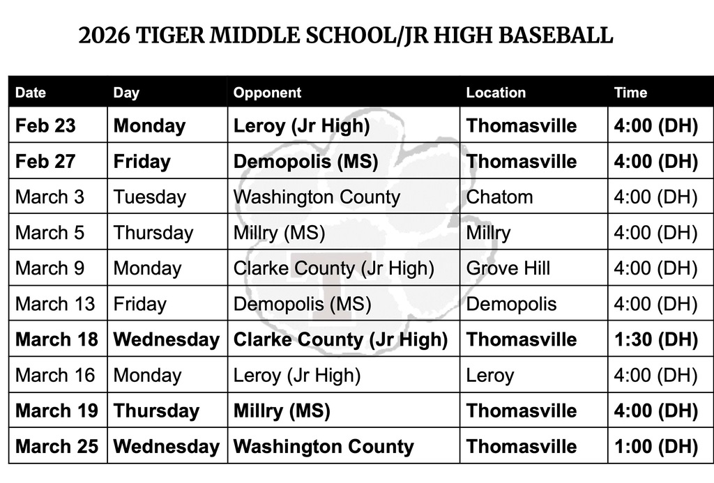 2026 Thomasville Tiger Middle School/Jr. High baseball schedule