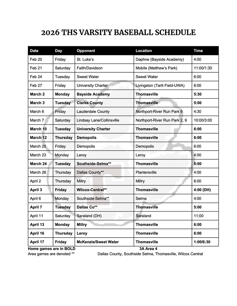 Updated THS baseball schedule - 1-14-26