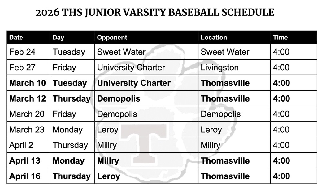 Updated THS JV baseball schedule - 1-14-26
