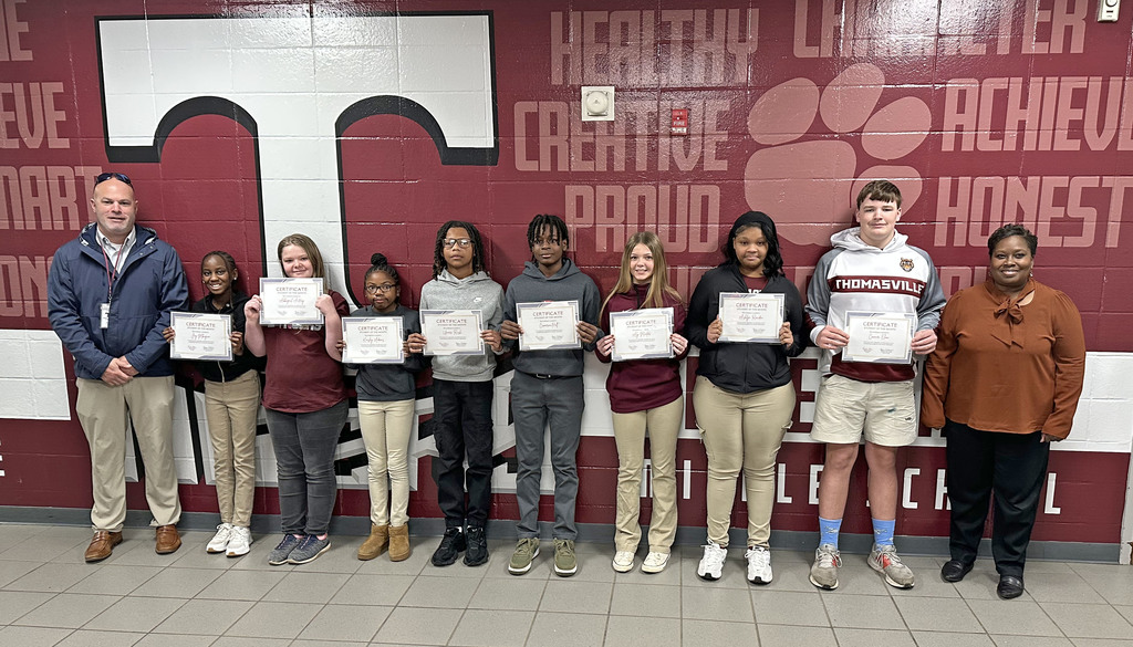 "Students of the Month" for December 2025 have been chosen at Thomasville Middle School: Joy Mbugua and Abbigail Autrey, Fifth Grade; Kinsley Adams and Umari Rush, Sixth Grade; Cameron Holt and Aly Minter, Seventh Grade; and Ashlyn Rowden and Conner Elam, Eighth Grade. They are pictured with Brad Elam, TMS Principal; and Renae Williams, TMS Assistant Principal.