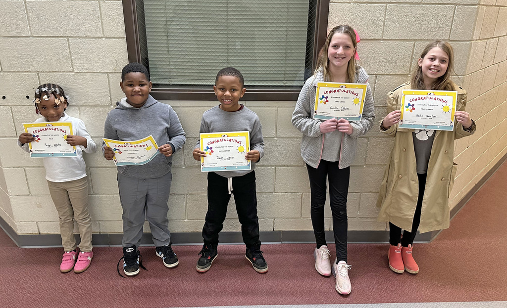 "Students of the Month" for January 2026 at Thomasville Elementary School: Reign White, Pre-K; Logan Clarke, Kindergarten; Jonah Lanier, Second Grade; Cadee Odom, Third Grade; and Hallie Newton, Fourth Grade. Landyn Irvin, First Grade, was not present for the photo.