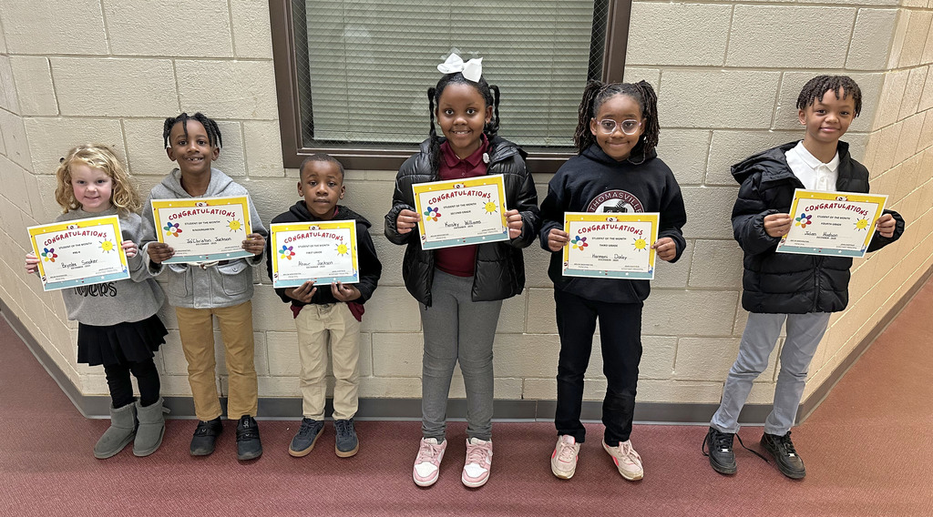 "Students of the Month" for December 2025 at Thomasville Elementary School: Brynlee Smoker, Pre-K; Ja'Christon Jackson, Kindergarten; Ahmir Jackson, First Grade; Kinsley Williams, Second Grade; Harmoni Daley, Third Grade; and Julian Hudson, Fourth Grade.