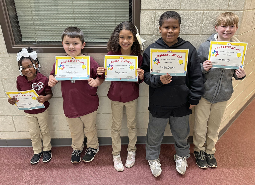 "Students of the Month" for October 2025 at Thomasville Elementary School: Saniya Taylor, Pre-K; Arland Hayes, First Grade; Paityn Waters, Second Grade; Christian Sanders, Third Grade; and Mason Ray, Fourth Grade. Adyson Kelley, Kindergarten, was not present for the photo.