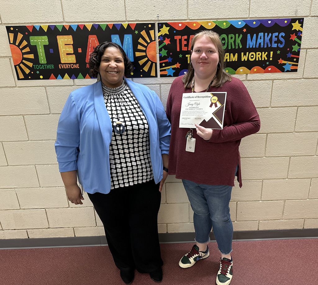Jenny Ogle (right), Special Education Teacher, was chosen as the  "Staff Member of the Month" for November 2025 at Thomasville Elementary School. She is pictured with Melissa Washington, TES Principal.