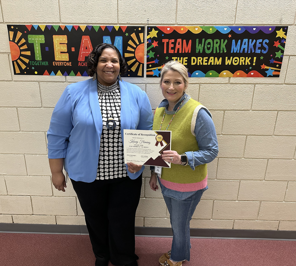 Kasey Fleming (right), First Grade teacher, has been chosen as the "Staff Member of the Month" for January 2026 at Thomasville Elementary School. She is pictured with Melissa Washington, TES Principal.