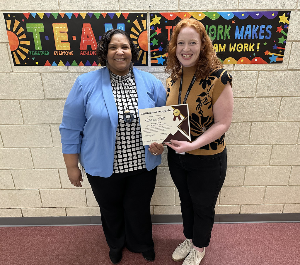 Valerie Hill (right), Fourth Grade teacher, was named as the "Staff Member of the Month" for October 2025 at Thomasville Elementary School. She is pictured with Melissa Washington, TES Principal.