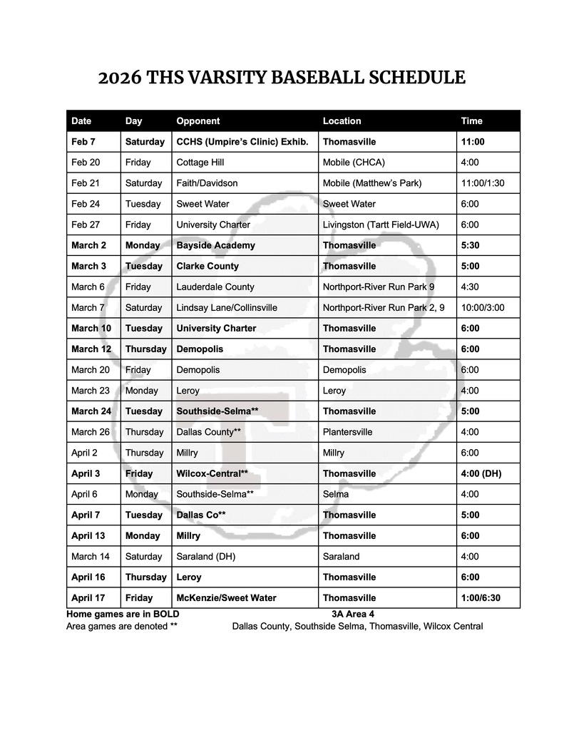2026 THS varsity baseball schedule - updated 1-30-26