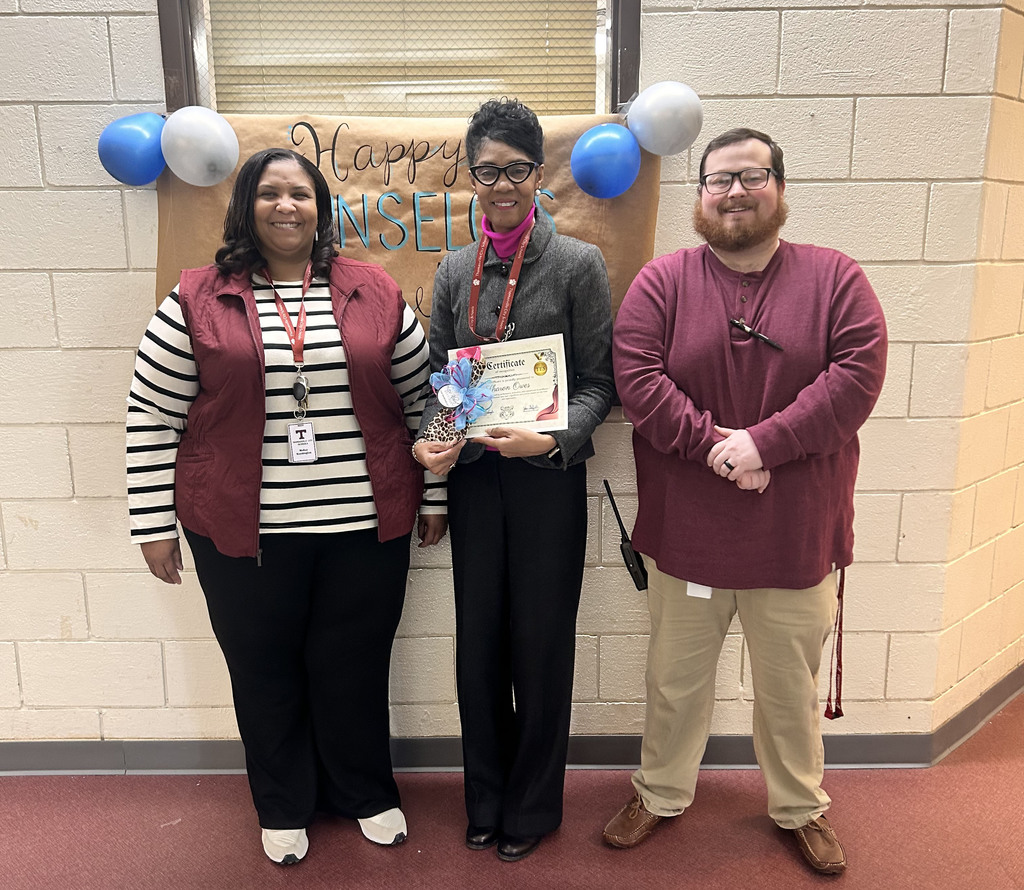 Sharon Owes (center), counselor at Thomasville Elementary School, was recognized Feb. 5 as part of National School Counseling Week. She is pictured with Melissa Washington, TES Principal; and John Sheffield, TES Assistant Principal.