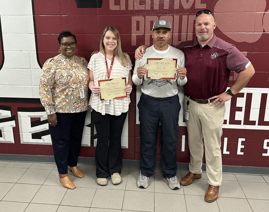 "Staff Members of the Month" for January 2026 at Thomasville Middle School include Katherine Blackburn, Fifth Grade Teacher; and Brian Allen, Physical Education Teacher. They are pictured with Renae Williams, TMS Assistant Principal; and Brad Elam, TMS Principal.