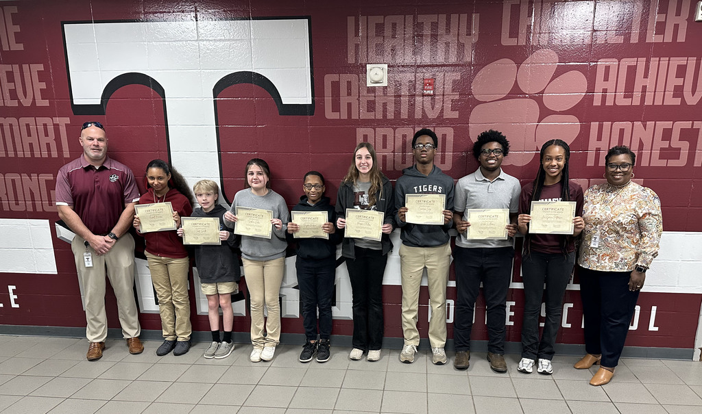 "Students of the Month" for January 2026 at Thomasville Middle School include Isabell Brooks and Tripp Smith, Fifth Grade; Sophie Gates and Payden Hudson, Sixth Grade; Harper Phillips and Cameron Lucy, Seventh Grade; and Kaleb Williams and Ja'Kyeria Patterson, Eighth Grade. They are pictured with Brad Elam, TMS Principal; and Renae Williams, TMS Assistant Principal.