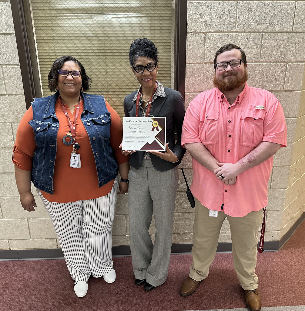 Sharon Owes (center), counselor, was chosen as the "Staff Member of the Month" for February 2026 at Thomasville Elementary School. She is pictured with Melissa Washington, TES Principal; and John Sheffield, TES Assistant Principal.
