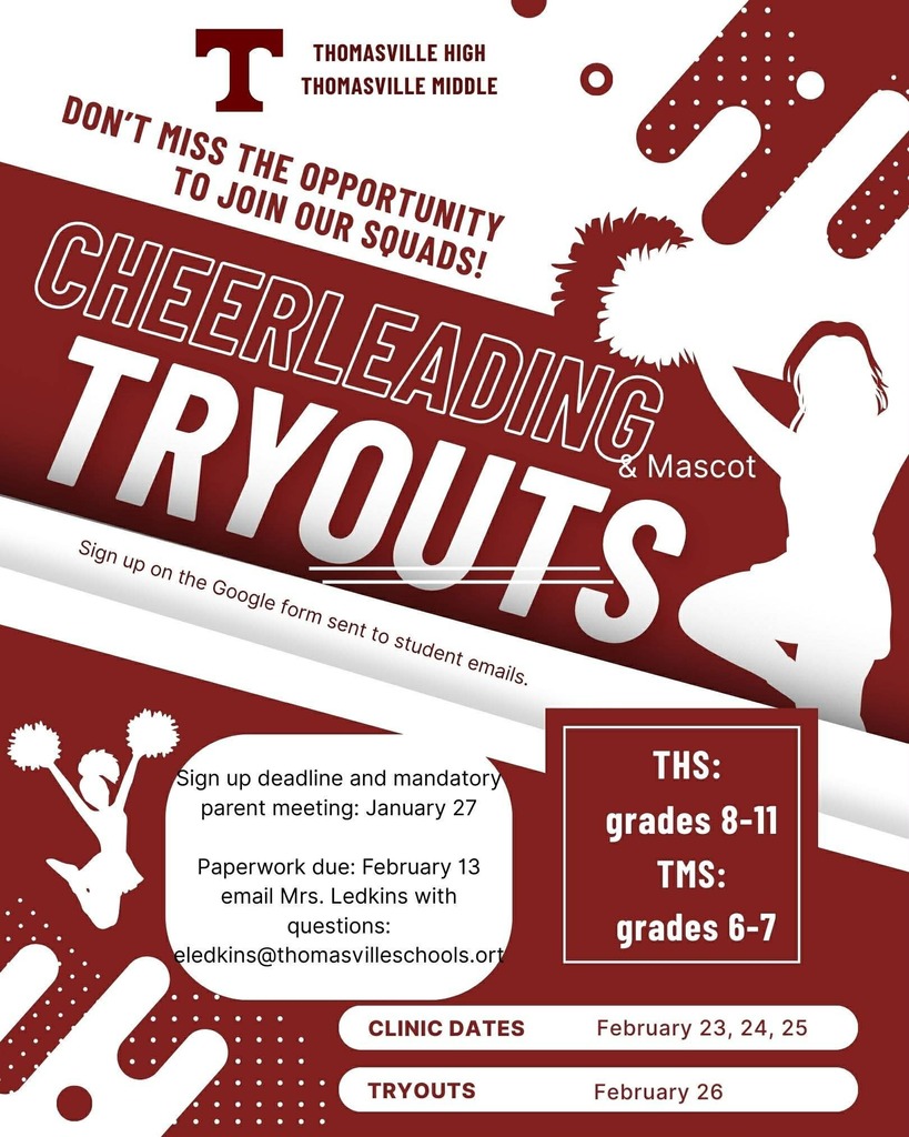 ATTENTION - TMS and THS cheer candidates: the paperwork packet and $10 are due Friday, Feb. 13. The physical must be turned in by the first day of clinic, Feb. 23.
