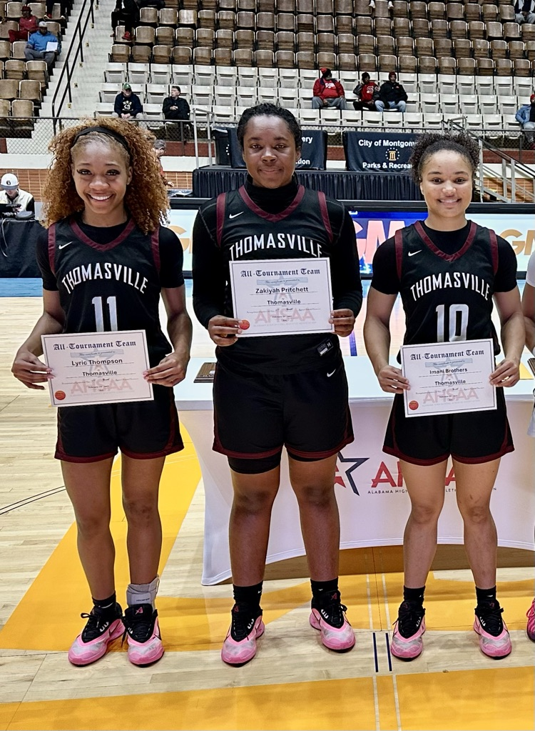 Members of the THS Lady Tigers basketball team on the South Regional All-Tournament Team: Lyric Thompson, Zakiya Pritchett and Imani Brothers.