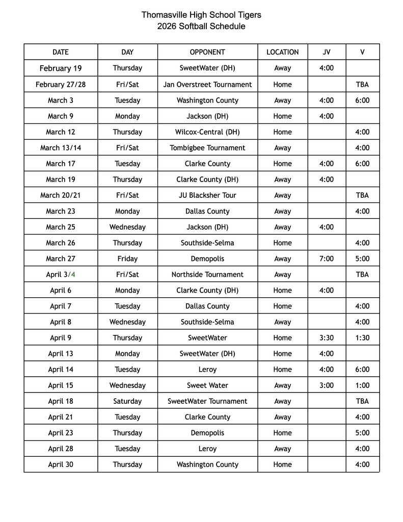 Updated 2026 THS softball schedule - 2-25-26