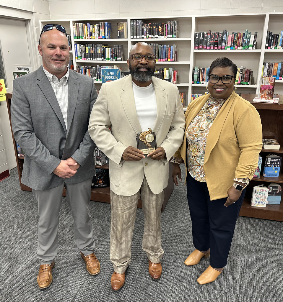 James Howard (center), Custodian, was honored as "Support Staff of the Year" 25-26 at Thomasville Middle School. He is pictured with Brad Elam, TMS Principal; and Renae Williams, TMS Assistant Principal.