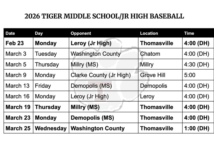 Updated TMS/Jr. High baseball schedule 3-2-26