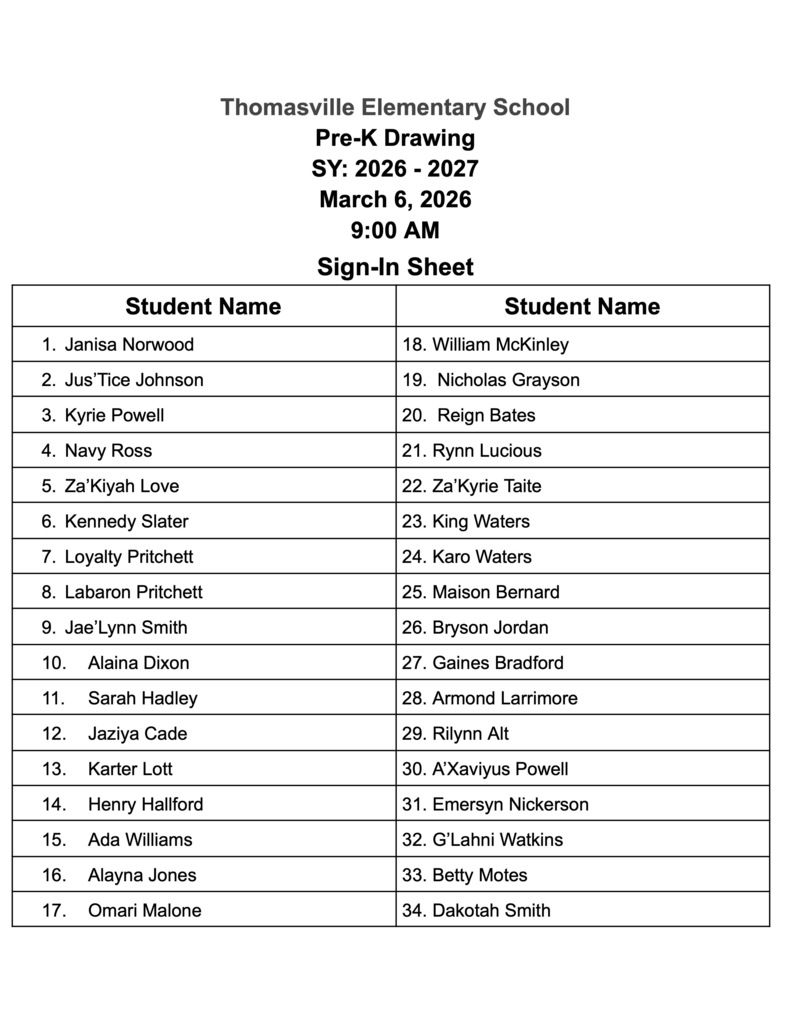 Names of students have been released for the Pre-K classes at Thomasville Elementary School for 2026-2027. The names were selected in a drawing this morning, March 6.  Welcome to the TES family!