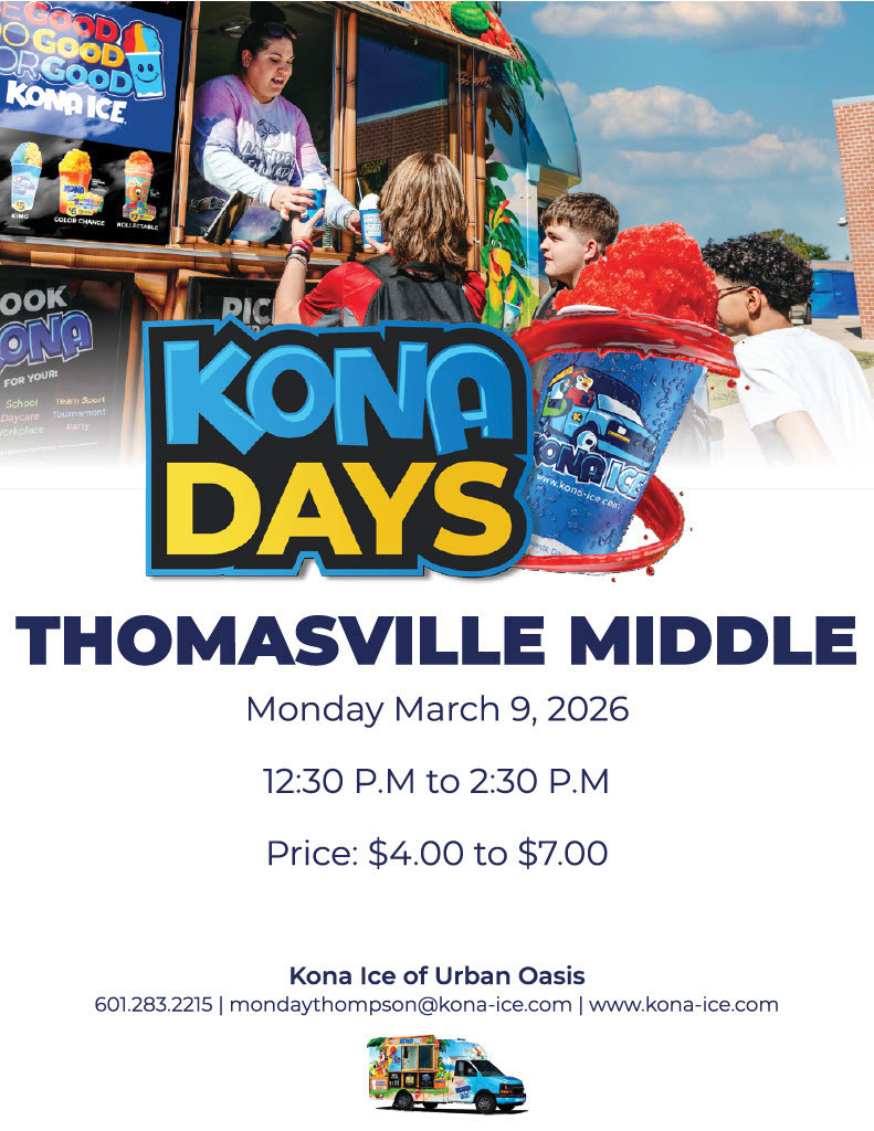 Kona Ice, 12:30 to 2:30 p.m. on Monday, March 9 at TMS