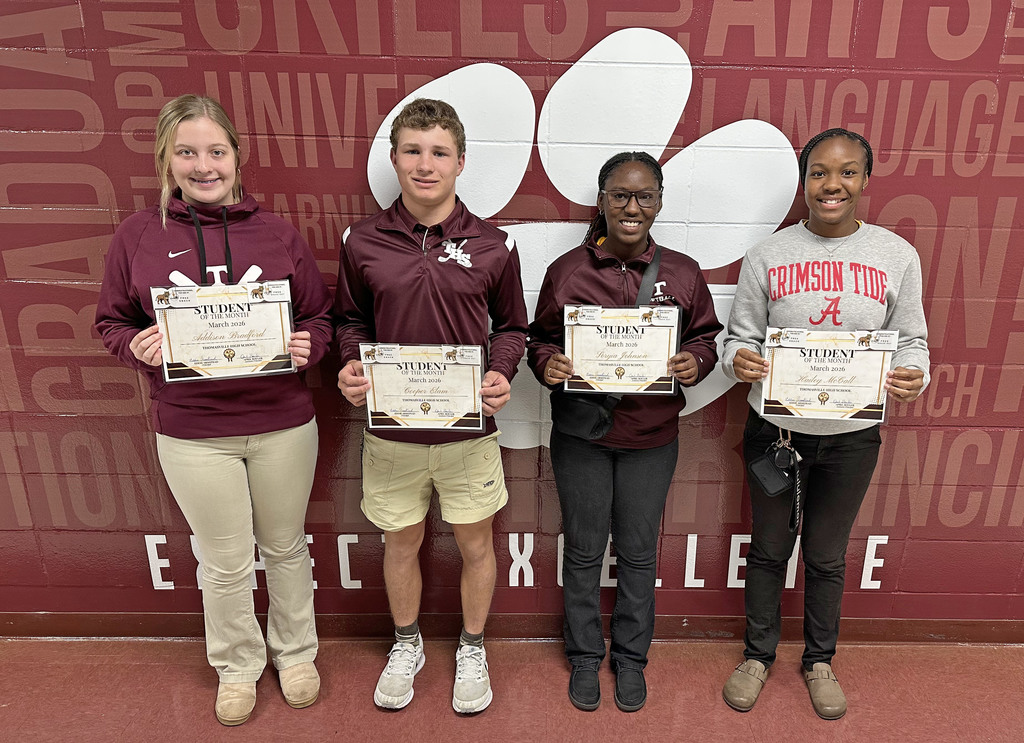 "Students of the Month" for March 2026 at Thomasville High School: Addison Bradford, Ninth Grade; Cooper Elam, 10th Grade; Soriya Johnson, 11th Grade; and Hailey McCall, 12th Grade.