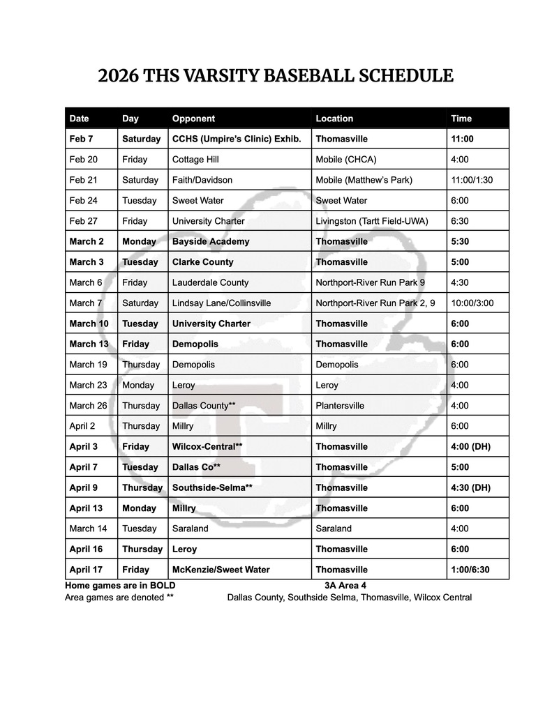Updated THS varsity baseball schedule 3-12-26