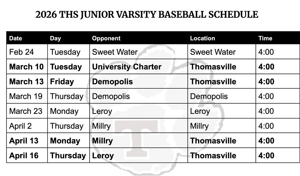 Updated THS JV baseball schedule 3-12-26