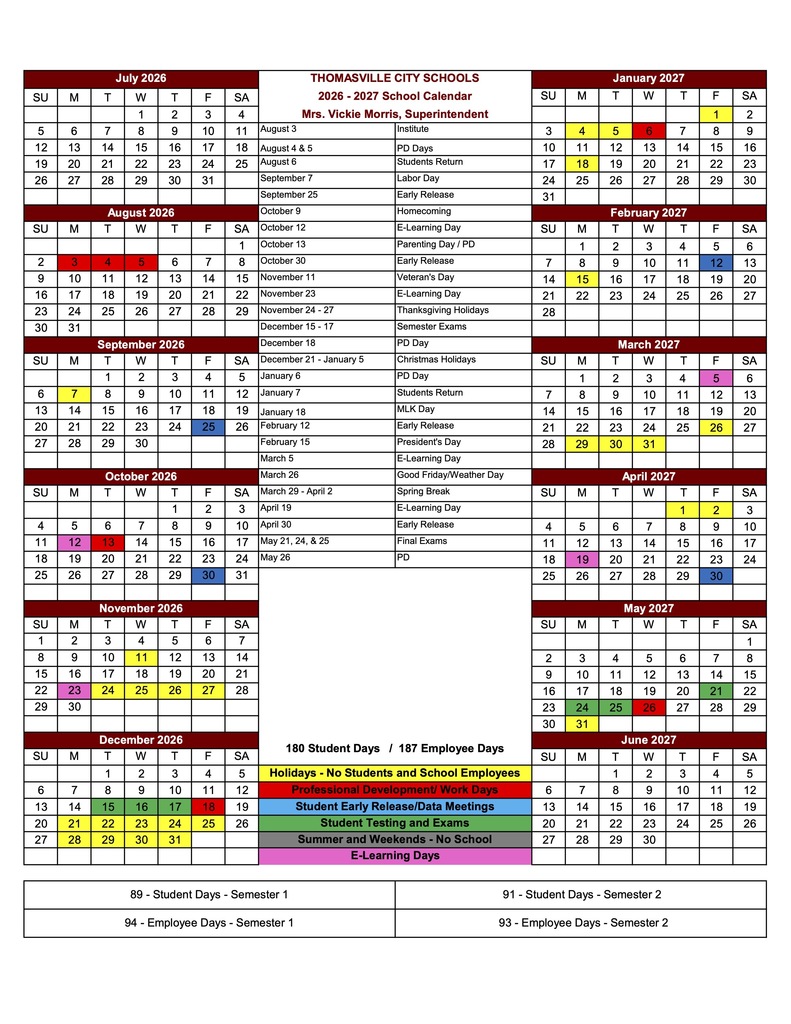 The 26-27 school year calendar was approved March 24 by the Thomasville City Board of Education.