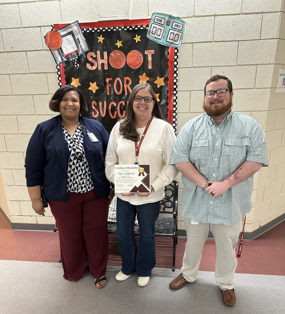 April Kilpatrick (center), third grade teacher, has been chosen as the "Staff Member of the Month" for March 2026 at Thomasville Elementary School. She is pictured with Melisa Washington, TES Principal; and John Sheffield, TES Assistant Principal.