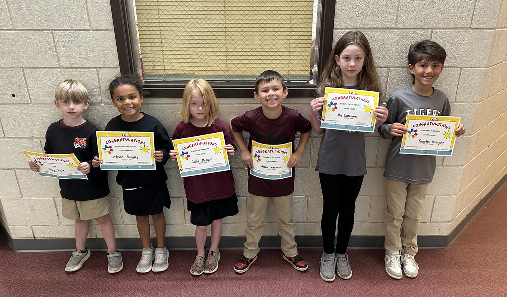 "Students of the Month" has been chosen for March 2026 at Thomasville Elementary School: Shaw Agee, Pre-K; Adyson Singley, Kindergarten; Callie Morgan, First Grade; Jaxon Bozeman, Second Grade; Mia Larrimore, Third Grade; and Kayceton Rodriguez, Fourth Grade.