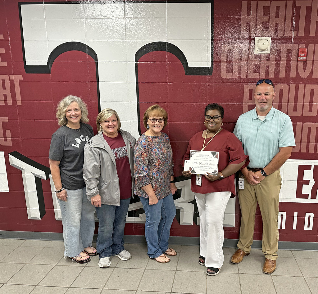 Renae Williams has been recognized by the staff at Thomasville Middle School as part of National Assistant Principals Week. Pictured are LeAnn Moore, Library Media Specialist; Tammy Brasell, Counselor; Sharon James, Secretary; Williams; and Brad Elam, TMS Principal.