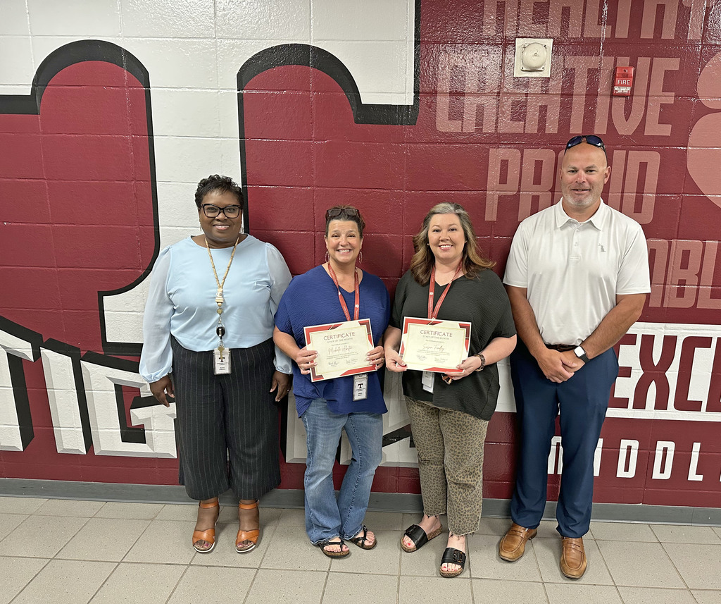 Michelle Abston, Seventh Grade English Language Arts Teacher, and Susan Fendley, Sixth Grade Math Teacher, have been chosen as "Staff Members of the Month" for March 2026 at Thomasville Middle School. They are pictured with Renae Williams, TMS Assisitant Principal; and Brad Elam, TMS Principal.