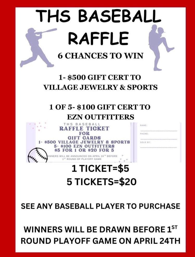 Drawing will be between games of the doubleheader tonight, April 24. Still time to get your ticket. Raffle tickets will be sold tonight during the first playoff game tonight.