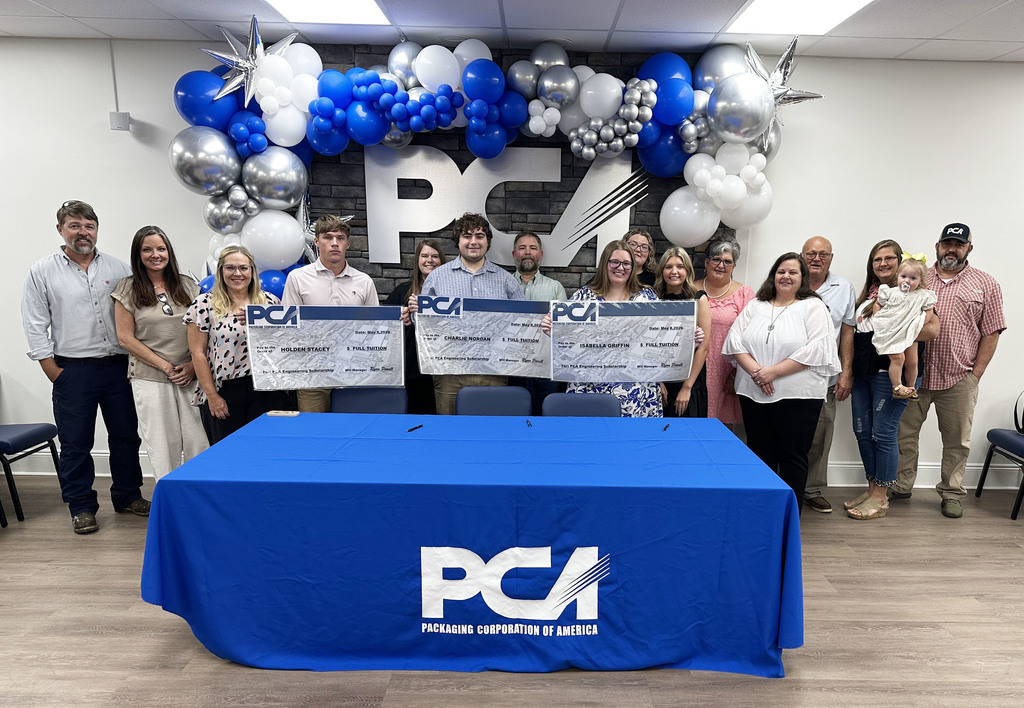 Holden Stacey, Charlie Nordan and Isabella Griffin have received engineering scholarships from the Packaging Corporation of America Mill in Jackson. The scholarships include full tuition. A ceremony was held May 8 at the mill, and the students were joined by family members and officials and staff of the PCA Mill. Stacey is a senior at Excel High School; Nordan is a senior at Thomasville High School; and Isabella Griffin is a T.R. Miller graduate, who will soon graduate from Coastal Alabama Community College.