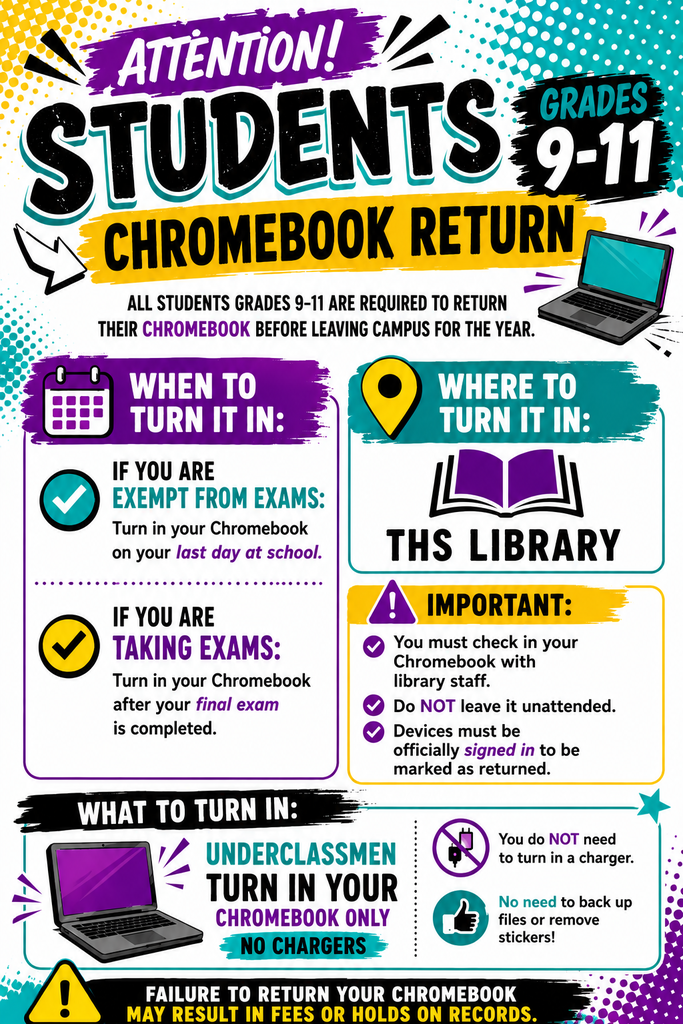 ATTENTION - THS grades nine to 11: return your Chromebooks before leaving campus for the year.