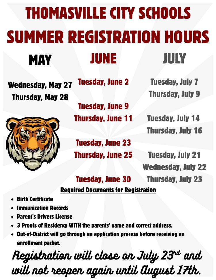 Summer Registration Hours in the Thomasville City Schools District