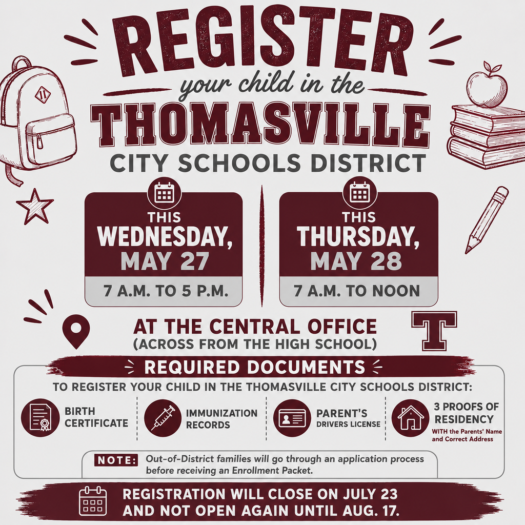 Register your child on May 27 and 28 at the Central Office.