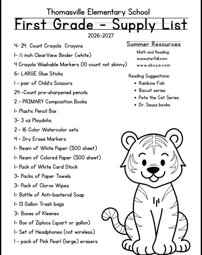 Supply Lists for Thomasville Elementary School for 2026-2027