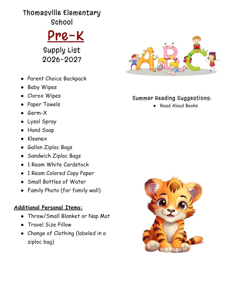 Supply Lists for Thomasville Elementary School for 2026-2027