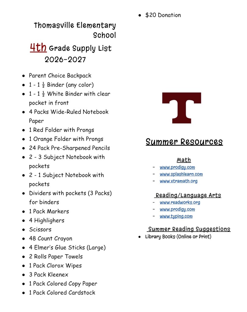 Supply Lists for Thomasville Elementary School for 2026-2027