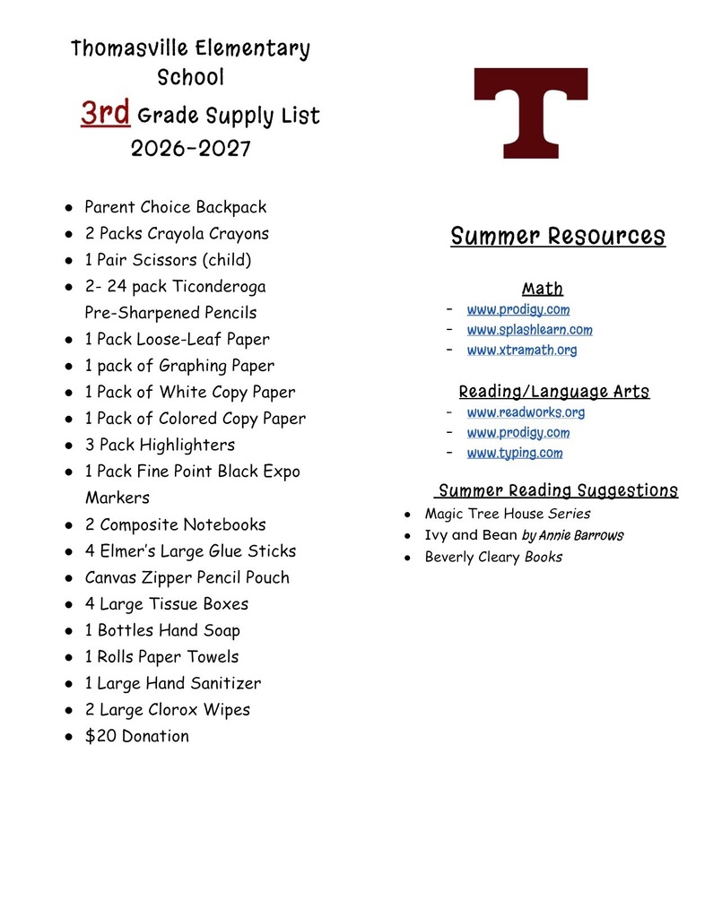 Supply Lists for Thomasville Elementary School for 2026-2027
