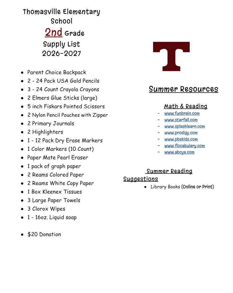 Supply Lists for Thomasville Elementary School for 2026-2027