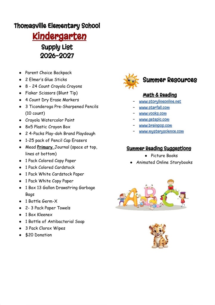 Supply Lists for Thomasville Elementary School for 2026-2027