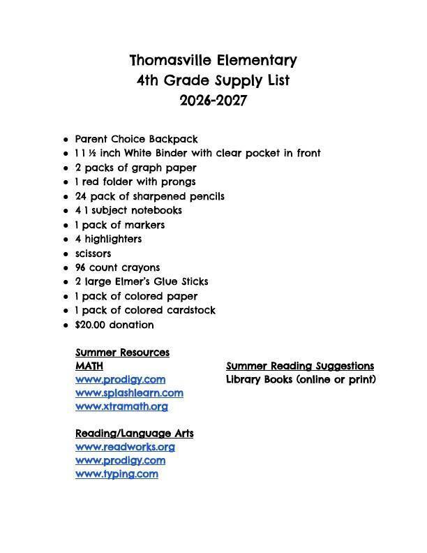 This is an updated Fourth Grade Supply List for the 2026-2027 school year.