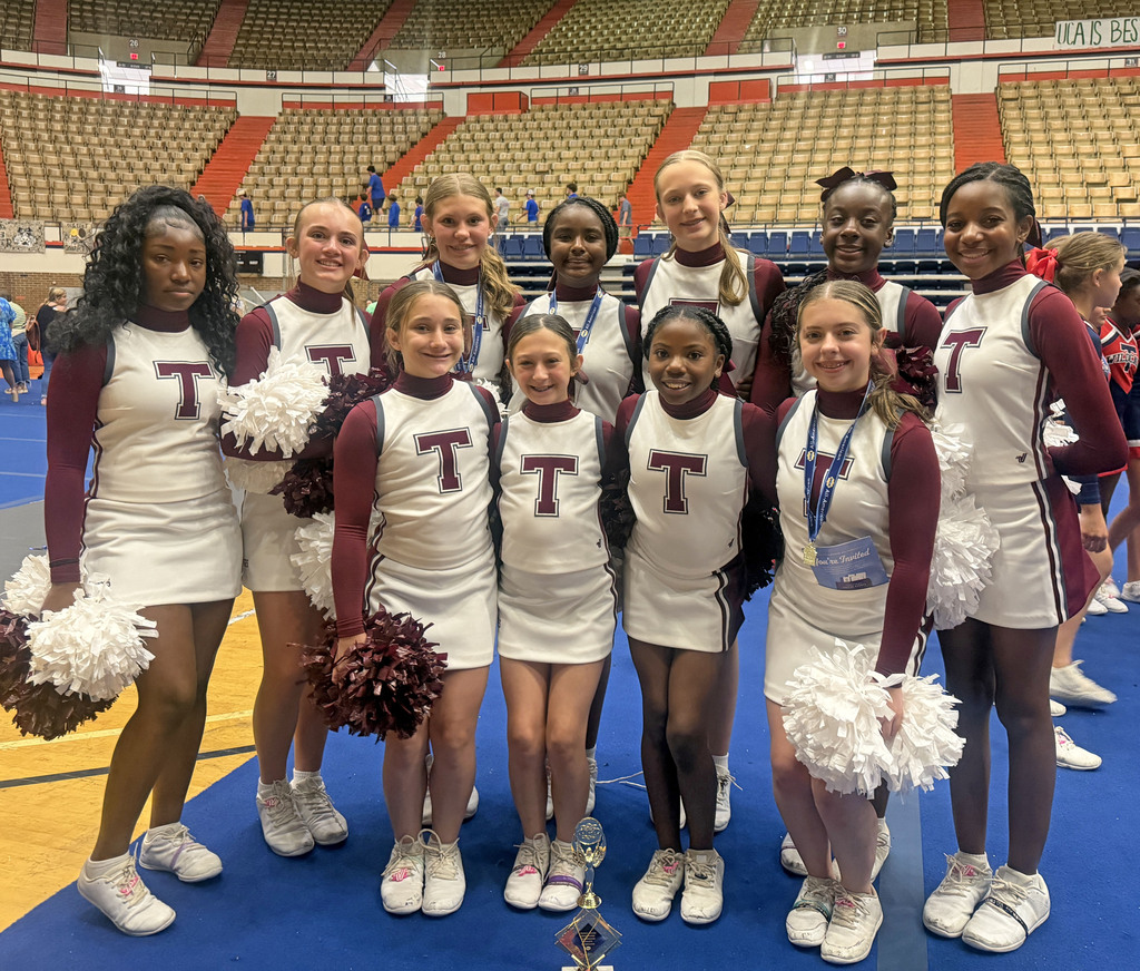 The Thomasville Middle School Cheerleaders for 26-27 participated May 31 to June 3 in the UCA Cheer Camp at Auburn University.  During the week the girls learned several routines and had evaluation each night, along with competition on the final day.  NOTE: the entire cheer program (both TMS and THS cheerleaders received a Spirit Stick each night. Thanks to Brandy Nichols for the photos.