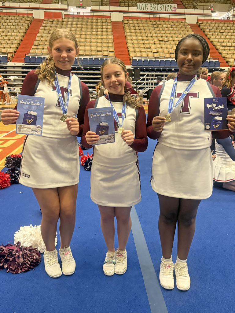 TMS Cheerleaders Avery Collinsworth (Eighth Grade), (Captain) Blair Paul (Eighth Grade), and Amari McDaniel (Seventh Grade) were selected at UCA All-Americans.