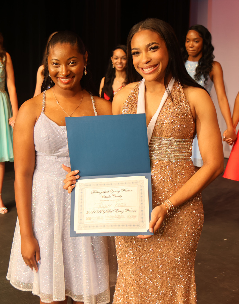 Keyana Bettis was chosen as the Be Your Best Self Essay Winner June 6 at the 2027 Clarke County Distinguished Young Women program. She is pictured with 2026 DYW winner Zymiria Powell.