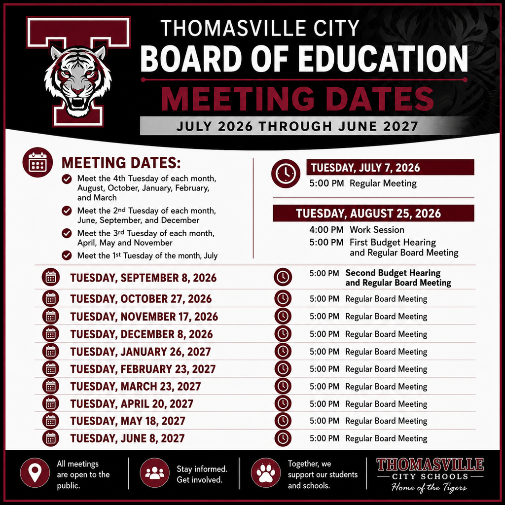 School board meeting dates for July 2026 to June 2027.