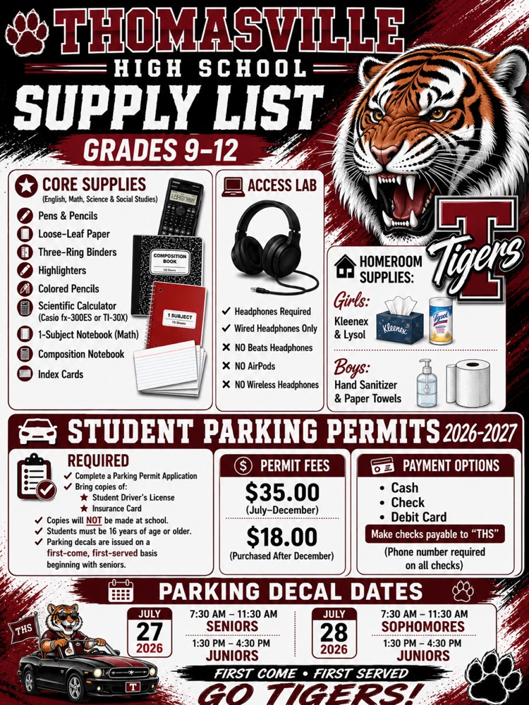 THS Supply Lists and Parking Decal Dates 26-27
